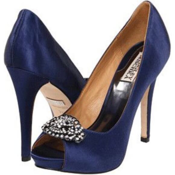 Badgley Mischka Goodie Peep-Toe Pump Satin Stiletto Heel Crystal Royal Blue 6.5 - Picture 1 of 6